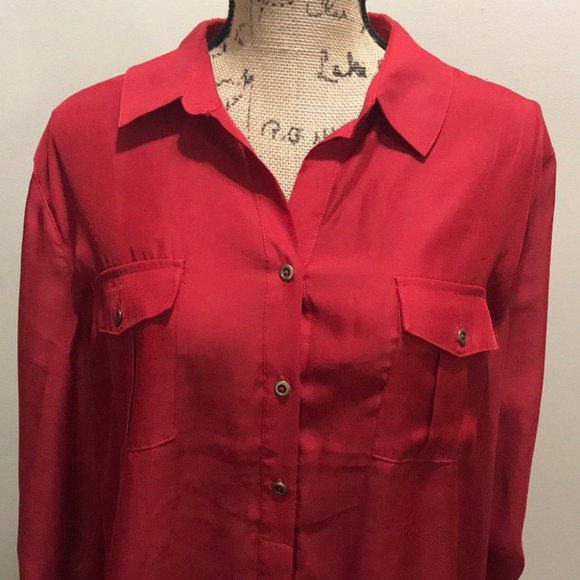 {Chico’s} Satin Red Button Down Roll Tab Blouse - Picture 3 of 6
